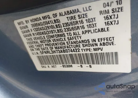 2010 Honda Odyssey Ex-L z USA, uszkodzony, nr VIN 5FNRL3H73AB074422
